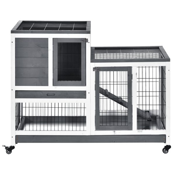Wooden Rabbit Hutch Elevated Bunny Cage Indoor Small Animal Habitat with Enclosed Run with Wheels, Ramp, Removable Tray for Rabbits, Chickens, Ducks, Guinea Pigs, Gray