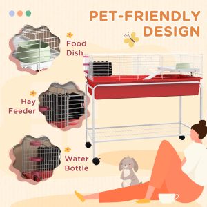 Two-Story Small Animal Cage Removable from Stand, Pet Habitat with Shelf & Wheels, 39" x 20.5" x 36.5", Red