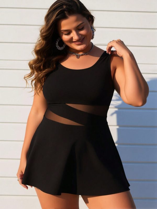 2026 New Women's Plus Size Swimdress: Black With Sheer Mesh Cutout Waist And Flared Skirt