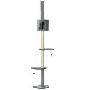 100" Cat Tree Height Adjustable Floor-to-Ceiling 4-Tier Kitty Climbing Activity Center Condo Cat Toy with Scratching Post Hanging Balls Play Rest Post Pet Furniture Grey