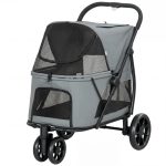 3 Wheel Pet Stroller With Easy One-Click Quick Fold, Mesh Window, Washable Cushion, For Medium Dogs, Gray