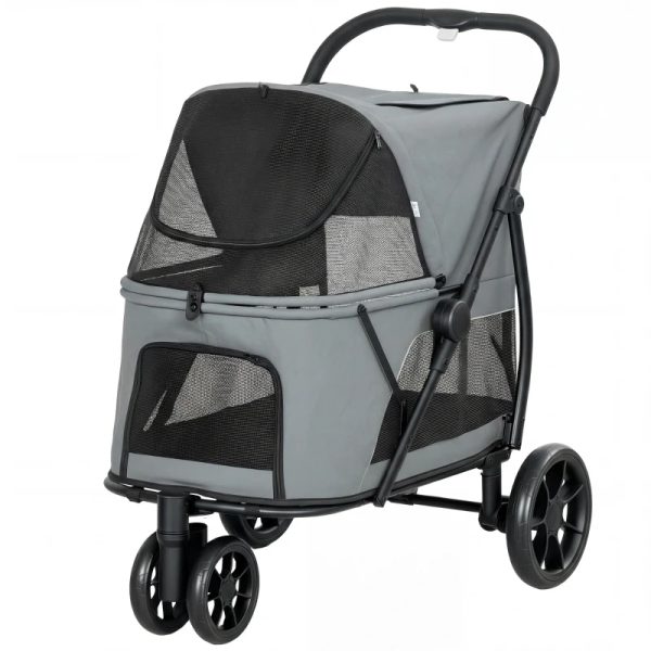 3 Wheel Pet Stroller With Easy One-Click Quick Fold, Mesh Window, Washable Cushion, For Medium Dogs, Gray