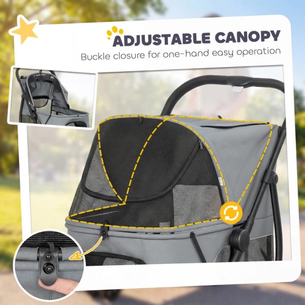 3 Wheel Pet Stroller With Easy One-Click Quick Fold, Mesh Window, Washable Cushion, For Medium Dogs, Gray
