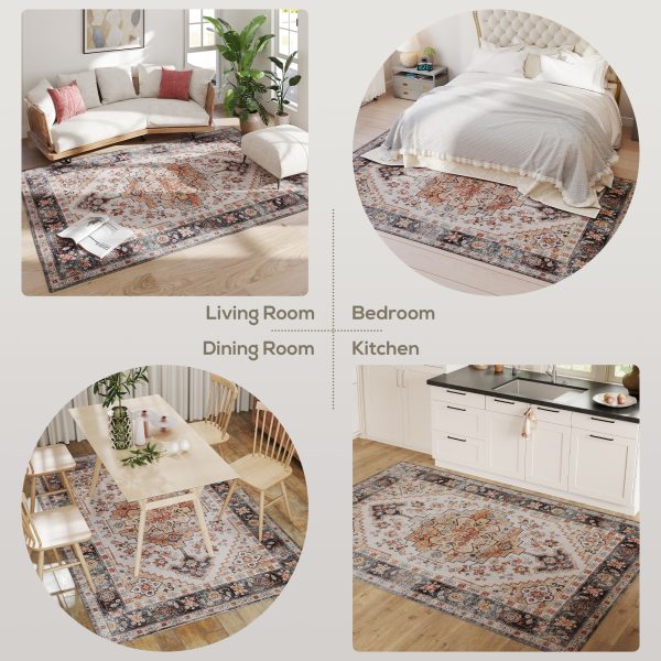 Area Rug 5x7, Machine Washable Rug, Non-Slip Boho Print Pattern Medallion Carpet for Living Room, Bedroom, Tawny Brown