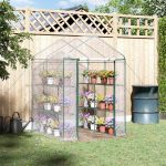 Mini Walk-in Greenhouse Kit, Portable Green House With 3 Tier Shelves, Roll-Up Door, And Weatherized Plastic Cover For Backyard Garden, Clear