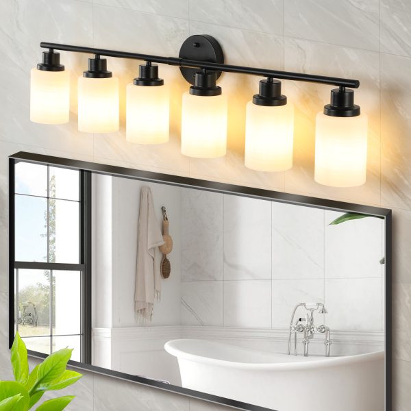39 Modern 6-Light Vanity Bathroom Mirror Light, Frosted White Glass With Black Iron Frame, Contemporary Wall Sconce For Bedroom, Bathroom, And Dressing Room No Bulbs