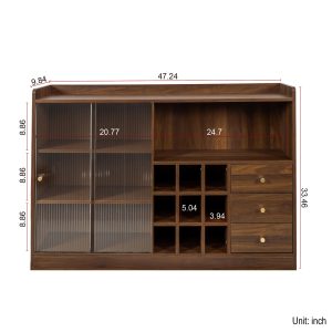 Sideboard With 2 Sliding Striped Glass Doors, Freestanding Countertop Storage Cabinet For Bottles, Wine And So On