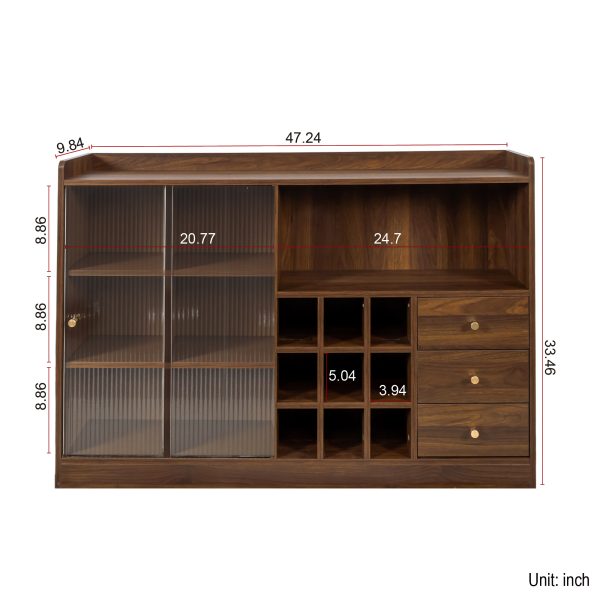 Sideboard With 2 Sliding Striped Glass Doors, Freestanding Countertop Storage Cabinet For Bottles, Wine And So On