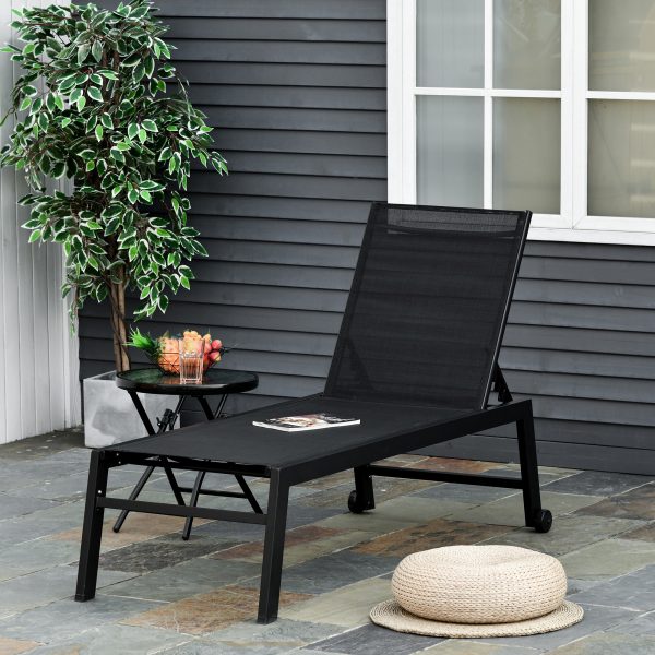 Outdoor Chaise Lounge with Wheels, Five Position Recliner for Sunbathing, Suntanning, Steel Frame, Breathable Fabric for Beach, Yard, Patio, Black
