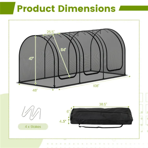 Green 108"x48"x47" Garden Crop Cage With High-Density Nylon Mesh, Plant Protection Tent With Zippered Doors For Vegetables & Flowers