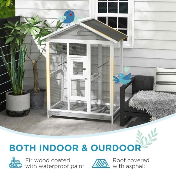 PawHut 64.5 Wooden Bird Cage Aviary, Flight Cage With 4 Perches, Nest And Slide-Out Tray For Indoor Outdoor, GrayMultiple Packages