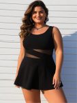 2026 New Women's Plus Size Swimdress: Black With Sheer Mesh Cutout Waist And Flared Skirt