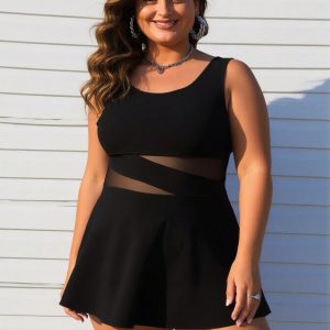 2026 New Women's Plus Size Swimdress: Black With Sheer Mesh Cutout Waist And Flared Skirt