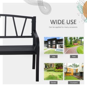 50" Outdoor Bench, Metal Garden Bench with V-Shaped Pattern Backrest, Porch Bench with Slatted Seat for Park, Yard, Lawn, Black