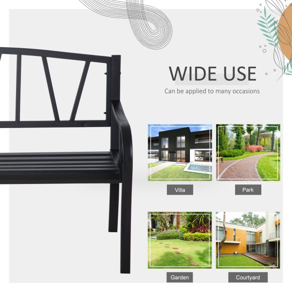 50" Outdoor Bench, Metal Garden Bench with V-Shaped Pattern Backrest, Porch Bench with Slatted Seat for Park, Yard, Lawn, Black