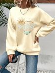 Casual Heart Print Crew Neck Pullover Sweatshirt - Soft Slightly Stretch Polyester Fabric, Machine Washable, Perfect For Spring And Fall - Women's Long Sleeve Casual Wear