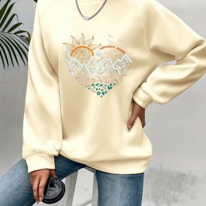 Casual Heart Print Crew Neck Pullover Sweatshirt - Soft Slightly Stretch Polyester Fabric, Machine Washable, Perfect For Spring And Fall - Women's Long Sleeve Casual Wear