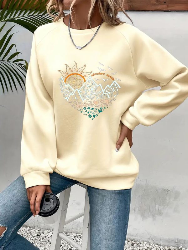 Casual Heart Print Crew Neck Pullover Sweatshirt - Soft Slightly Stretch Polyester Fabric, Machine Washable, Perfect For Spring And Fall - Women's Long Sleeve Casual Wear
