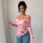 One-shoulder Slim Fit Slimming Ruffled Hem Irregular Versatile Printed Top