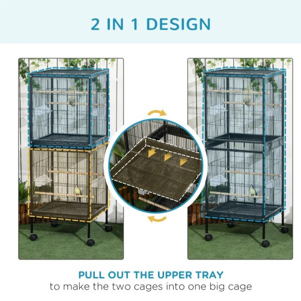 2 In 1 Bird Cage Aviary Parakeet House For Finches, Budgies With Wheels, Black