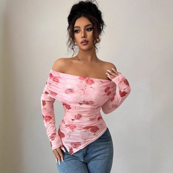 One-shoulder Slim Fit Slimming Ruffled Hem Irregular Versatile Printed Top