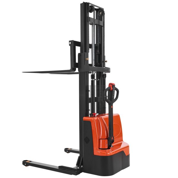 Full Electric Pallet Stacker, 3300 Lbs Capacity, Pallet Lift Stacker Forklift With Straddle Legs & Forks, 96.06 Inches Lifting Height & 8.66-31.1 Inches Adjustable Fork Width, Orange & Black
