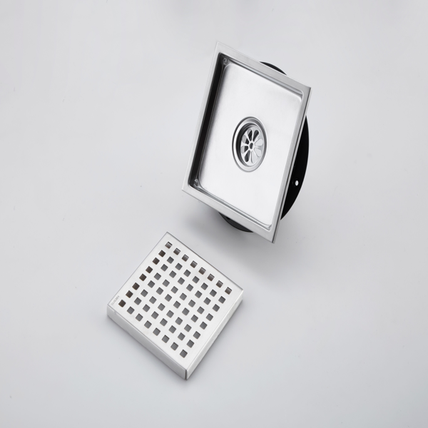 6 Inch Square Shower Drain With Removable Square Patterned Grate, 304 Stainless Steel With Flange And Hair Strainer, Brushed Nickel