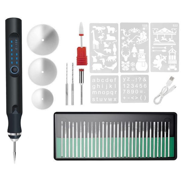 1Set Electric Engraving Pen With 33Pcs Burr Bits 5Pcs Stencils 3 Gears Speed Rechargeable Cordless Professional Engraver Etching Machine For Jewelry Glass Stone Metal Wood