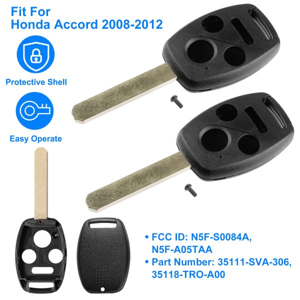 2Pcs Keyless Entry Remote Shell Case Fit For Accord 2008-2012 Car Key Fob Pad Replacement N5F-S0084A N5F-A05TAA With Uncut Blade