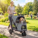 3 Wheel Pet Stroller With Easy One-Click Quick Fold, Mesh Window, Washable Cushion, For Medium Dogs, Gray