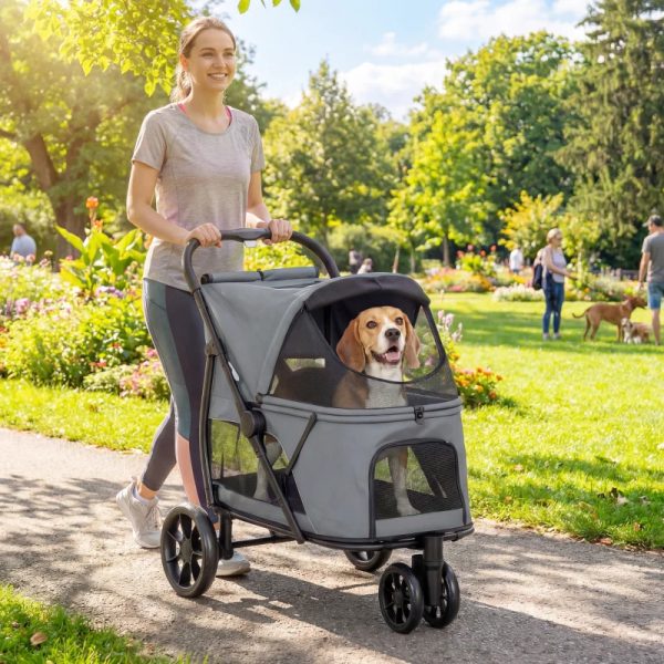3 Wheel Pet Stroller With Easy One-Click Quick Fold, Mesh Window, Washable Cushion, For Medium Dogs, Gray