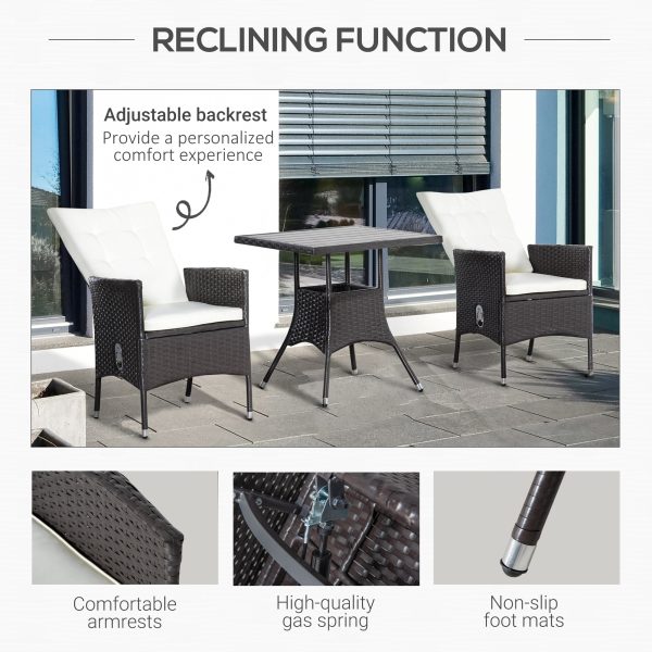 3 Piece Patio Bistro Set, PE Wicker Furniture Conversation Set w/ Tufted Cushion Reclining Chairs & Coffee Table, Cream