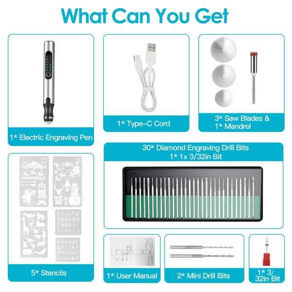 1Set Electric Engraving Pen With 33Pcs Burr Bits 5Pcs Stencils 3 Gears Speed Rechargeable Cordless Professional Engraver Etching Machine For Jewelry Glass Stone Metal Wood