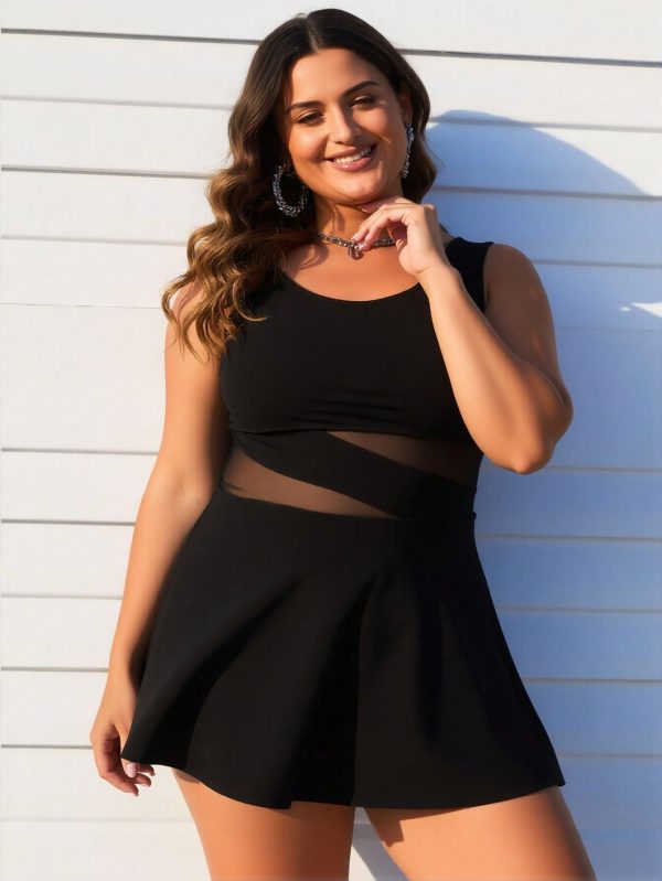 2026 New Women's Plus Size Swimdress: Black With Sheer Mesh Cutout Waist And Flared Skirt