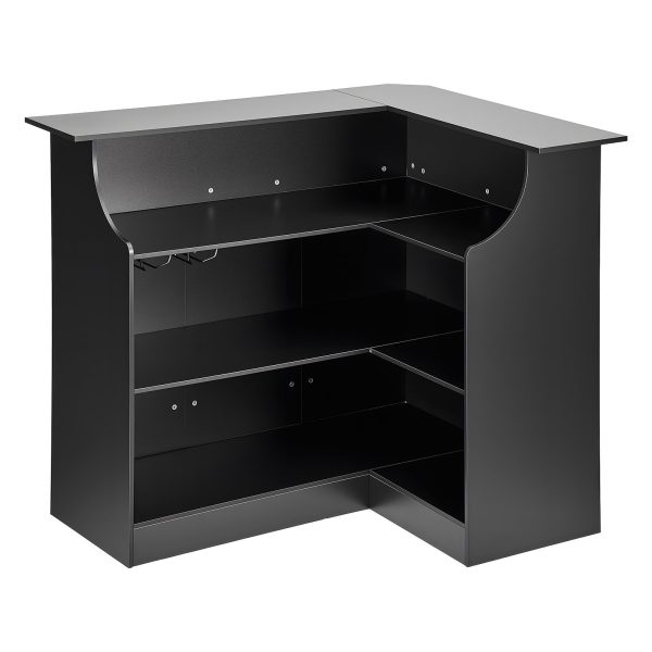 Home Bar Unit, L-Shaped Wine Bar Cabinet Table 4-Tier With Storage Shelves, Wine Glass Holder, 300 Lbs Max Capacity, Wood Liquor Cabinet For Home, Kitchen, Living Room, Pub, Basement, Black
