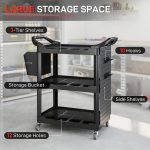 3-Tier Rolling Tool Cart, 200 LBS Capacity Plastic Utility Cart With Side Shelf And Storage Bucket, Tikt0k Sales Prohibited
