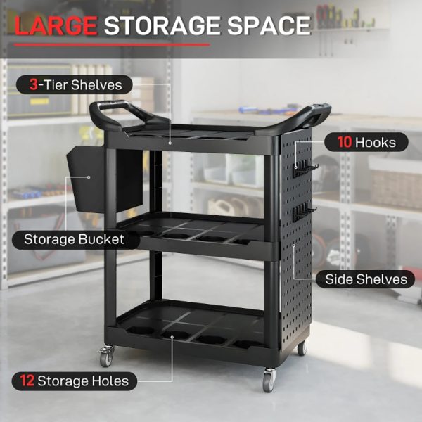 3-Tier Rolling Tool Cart, 200 LBS Capacity Plastic Utility Cart With Side Shelf And Storage Bucket, Tikt0k Sales Prohibited