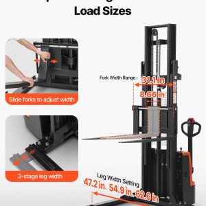 Full Electric Pallet Stacker, 3300 Lbs Capacity, Pallet Lift Stacker Forklift With Straddle Legs & Forks, 96.06 Inches Lifting Height & 8.66-31.1 Inches Adjustable Fork Width, Orange & Black