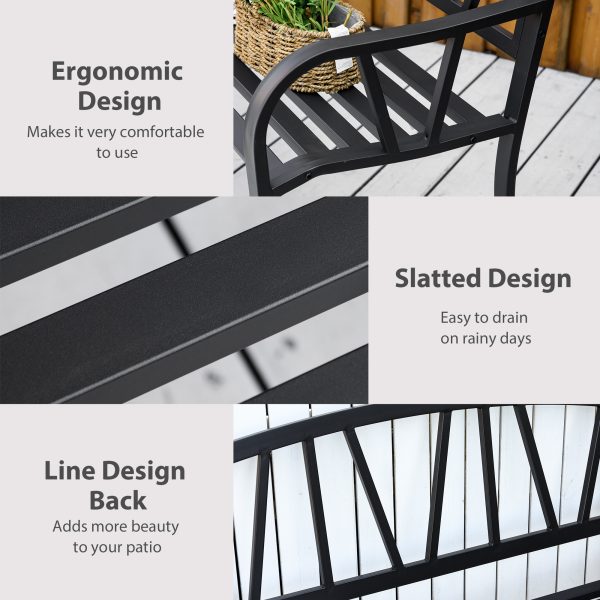 50" Outdoor Bench, Metal Garden Bench with V-Shaped Pattern Backrest, Porch Bench with Slatted Seat for Park, Yard, Lawn, Black