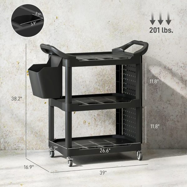 3-Tier Rolling Tool Cart, 200 LBS Capacity Plastic Utility Cart With Side Shelf And Storage Bucket, Tikt0k Sales Prohibited