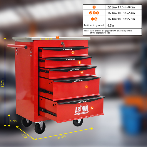 5 Drawers Multifunctional Tool Cart With Wheels,Metal Rolling Tool Cart Storage For Garage Workshop Warehouse Repair Shop--With Stainless Steel Roof--Red  Black