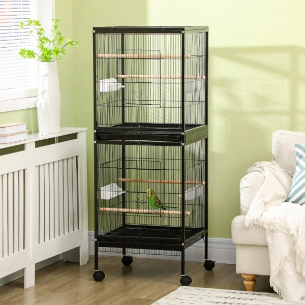 2 In 1 Bird Cage Aviary Parakeet House For Finches, Budgies With Wheels, Black