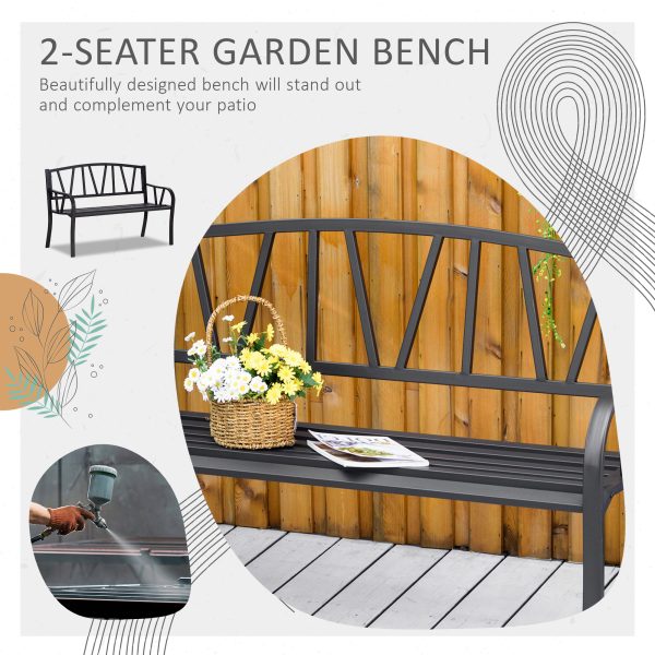 50" Outdoor Bench, Metal Garden Bench with V-Shaped Pattern Backrest, Porch Bench with Slatted Seat for Park, Yard, Lawn, Black