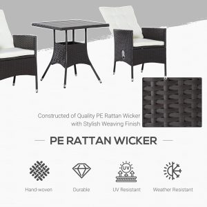 3 Piece Patio Bistro Set, PE Wicker Furniture Conversation Set w/ Tufted Cushion Reclining Chairs & Coffee Table, Cream