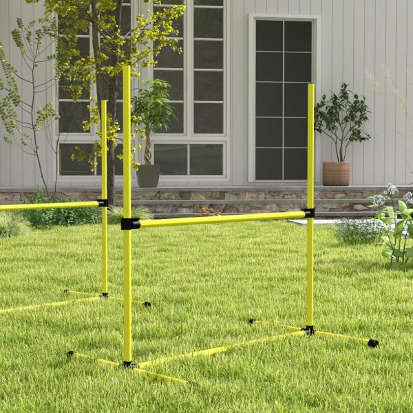 4 Piece Dog Agility Set With Adjustable Height Bars, Carry Bag, Displacing Top Bar, Yellow Yellow