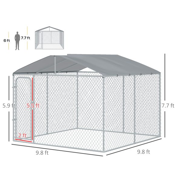 Outdoor Dog Kennel Galvanized Steel Fence with Cover Secure Lock Mesh Sidewalls for Backyard 9.8 x 9.8 x 7.7