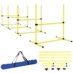4 Piece Dog Agility Set With Adjustable Height Bars, Carry Bag, Displacing Top Bar, Yellow Yellow