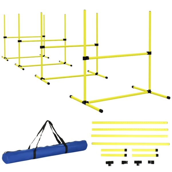 4 Piece Dog Agility Set With Adjustable Height Bars, Carry Bag, Displacing Top Bar, Yellow Yellow