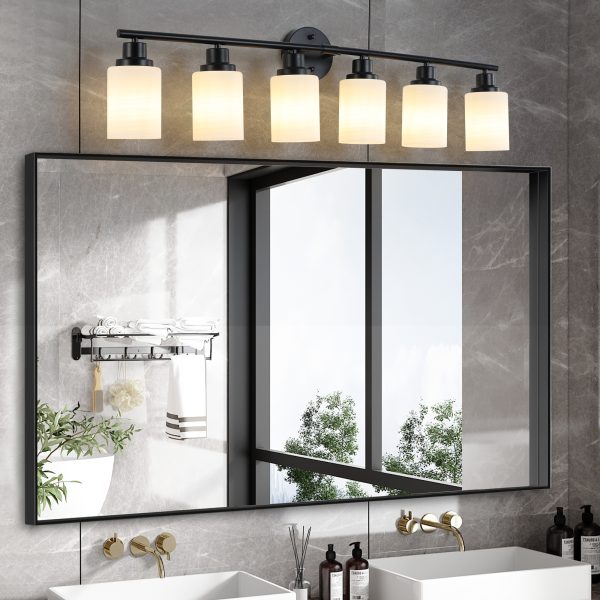 39 Modern 6-Light Vanity Bathroom Mirror Light, Frosted White Glass With Black Iron Frame, Contemporary Wall Sconce For Bedroom, Bathroom, And Dressing Room No Bulbs