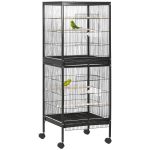 2 In 1 Bird Cage Aviary Parakeet House For Finches, Budgies With Wheels, Black